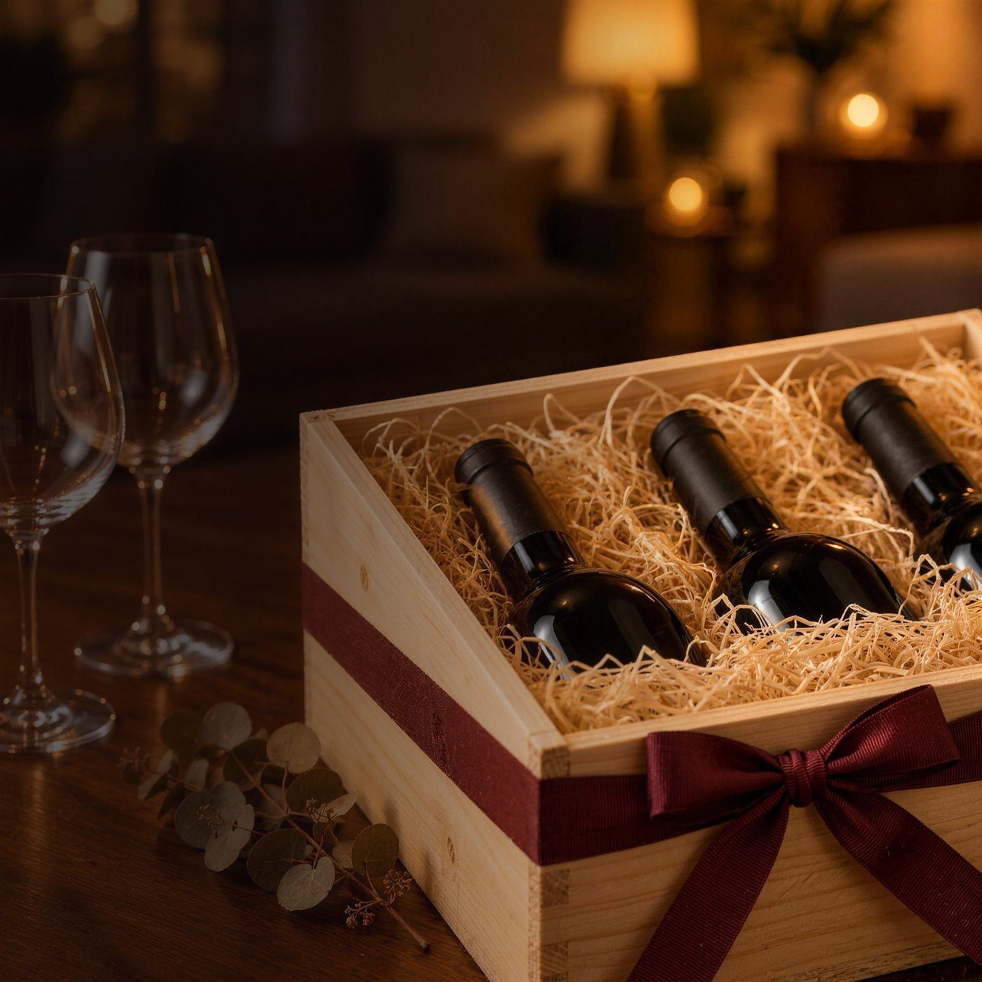 Caixa de madeira para presente com garrafas de vinho