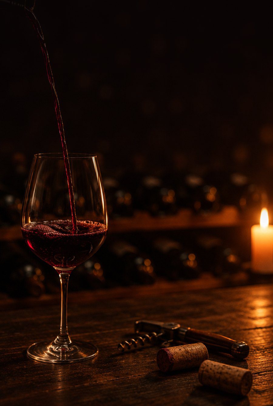 Vinho tinto sendo servido em taça numa adega